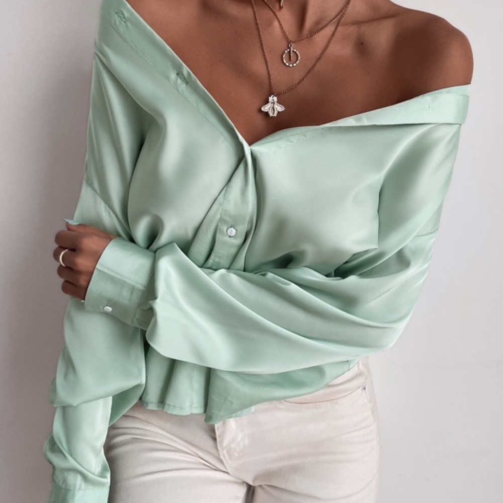 Satin mint Green silky button up Boyfriend Work - Picture 1 of 16